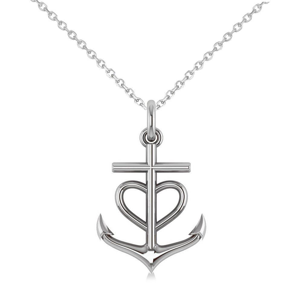 Anchor & Heart Pendant Necklace 14k White Gold