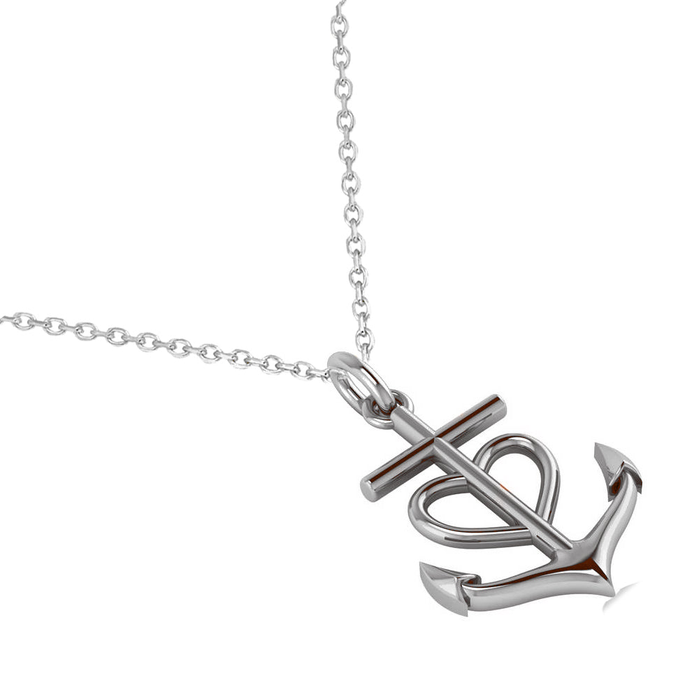 Anchor & Heart Pendant Necklace 14k White Gold