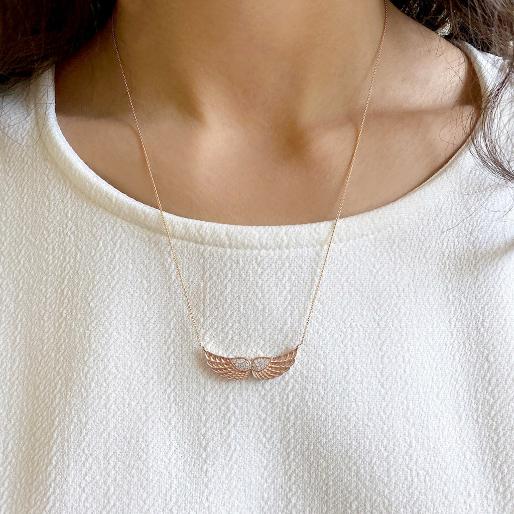 Diamond Angel Wings Pendant Necklace 14k Rose Gold (0.11ct)