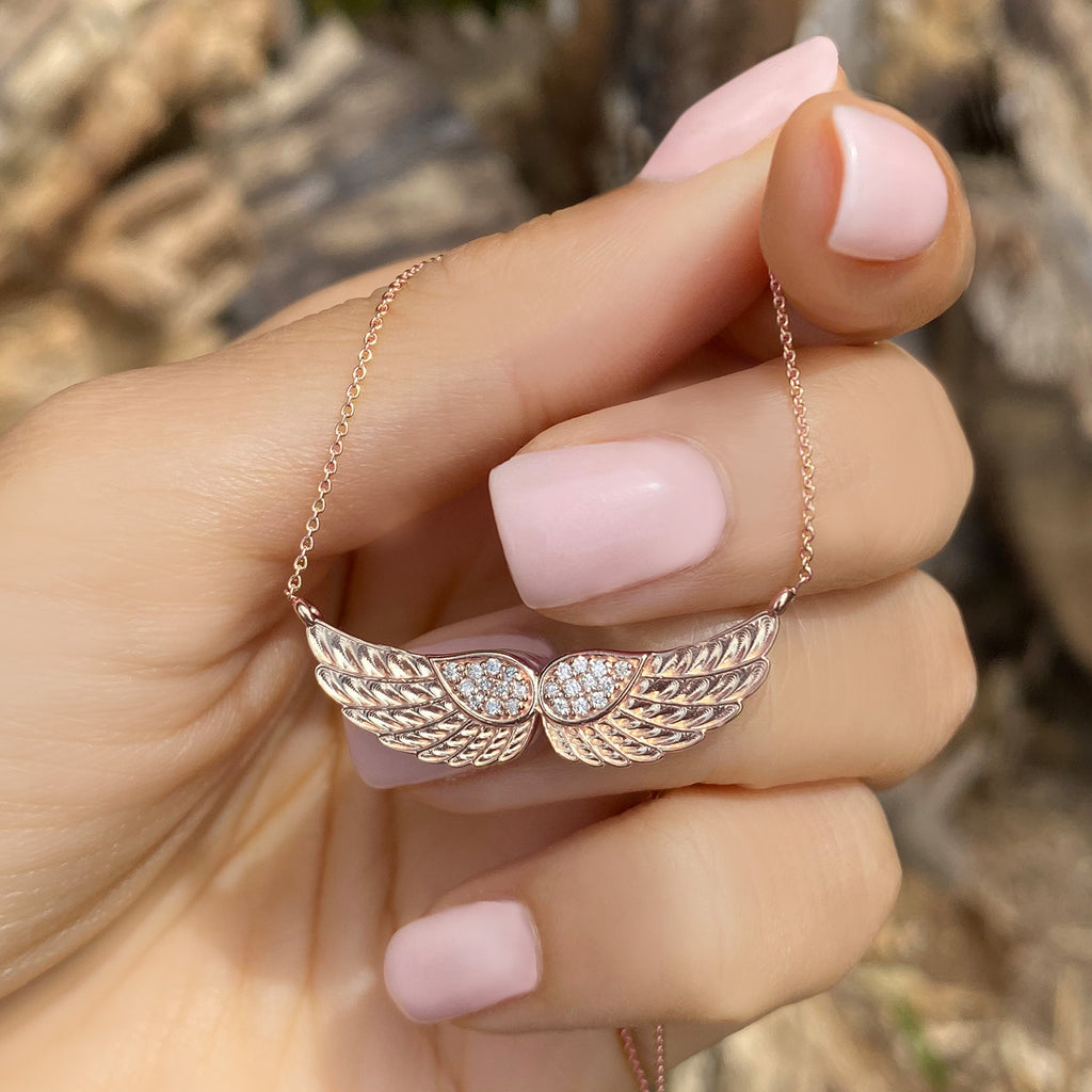 Diamond Angel Wings Pendant Necklace 14k Rose Gold (0.11ct)