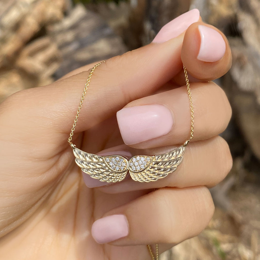 Diamond Angel Wings Pendant Necklace 14k Yellow Gold (0.11ct)