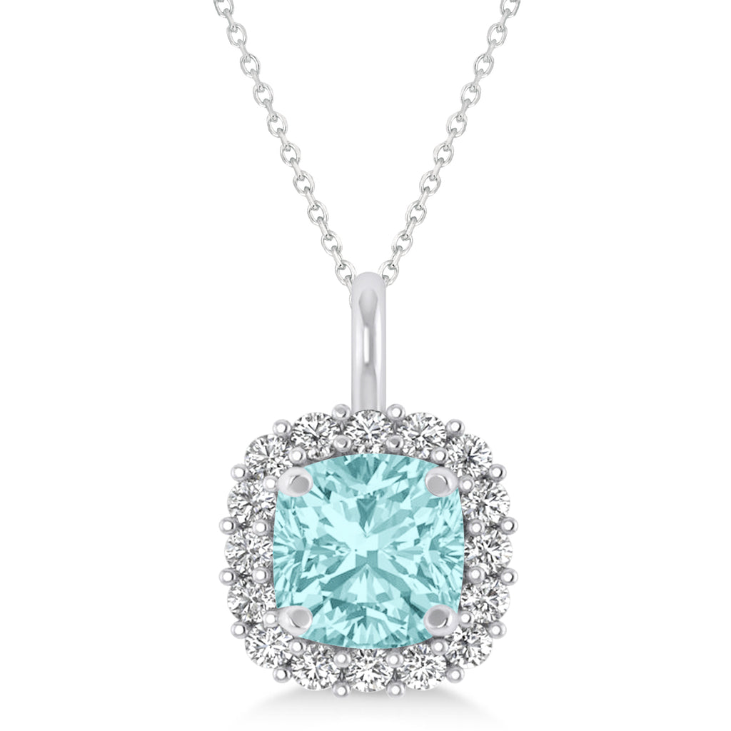 Cushion Cut Aquamarine & Diamond Halo Pendant 14k White Gold (0.92ct)