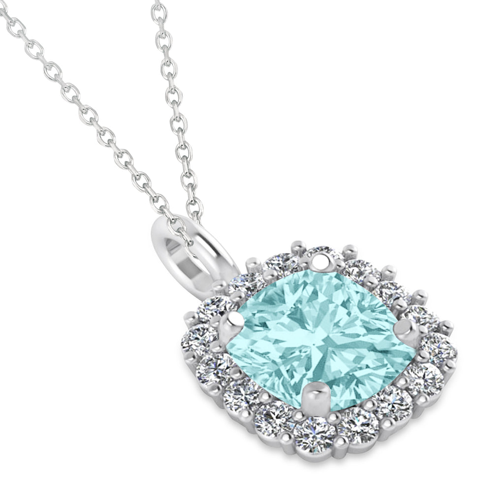 Cushion Cut Aquamarine & Diamond Halo Pendant 14k White Gold (0.92ct)