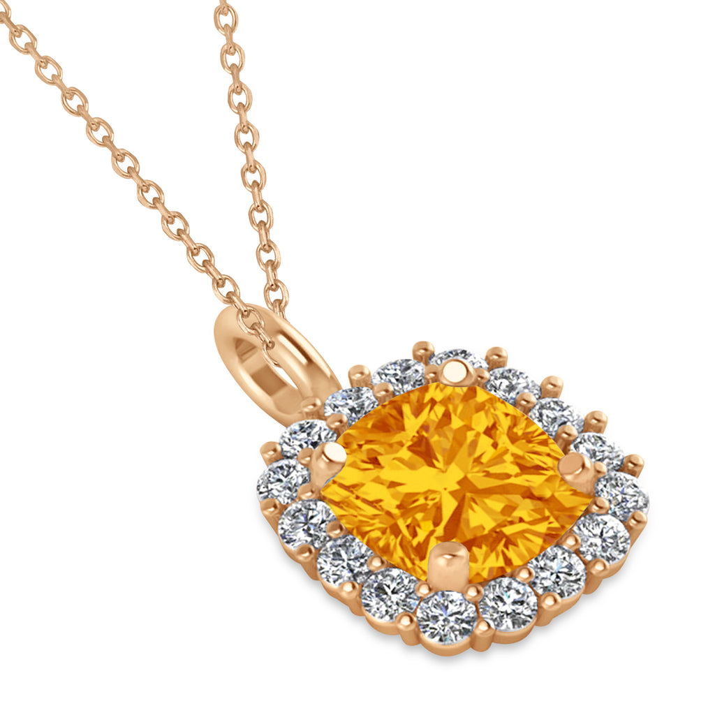 Cushion Cut Citrine & Diamond Halo Pendant 14k Rose Gold (0.92ct)