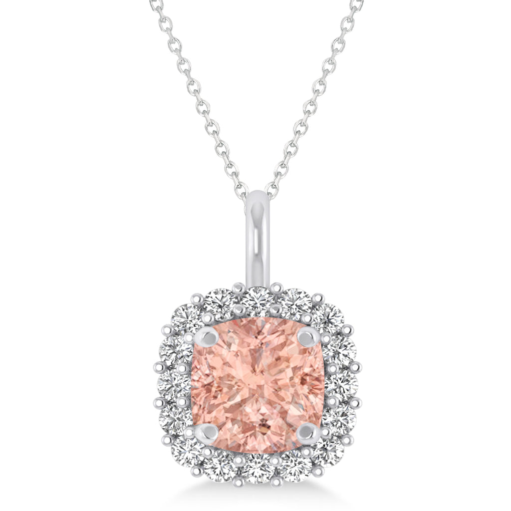Cushion Cut Morganite & Diamond Halo Pendant 14k White Gold (0.92ct)
