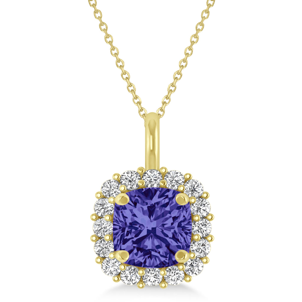 Cushion Cut Tanzanite & Diamond Halo Pendant 14k Yellow Gold (0.92ct)