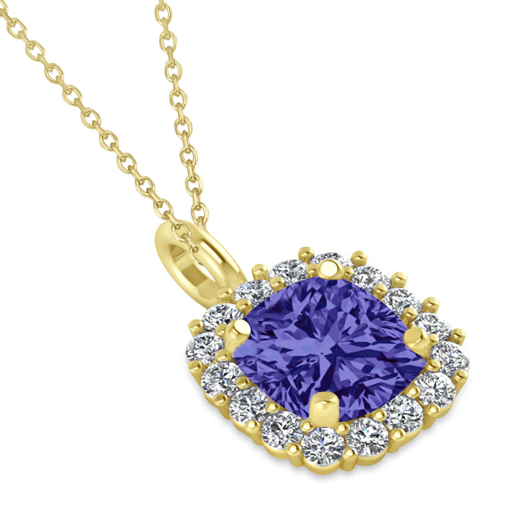 Cushion Cut Tanzanite & Diamond Halo Pendant 14k Yellow Gold (0.92ct)