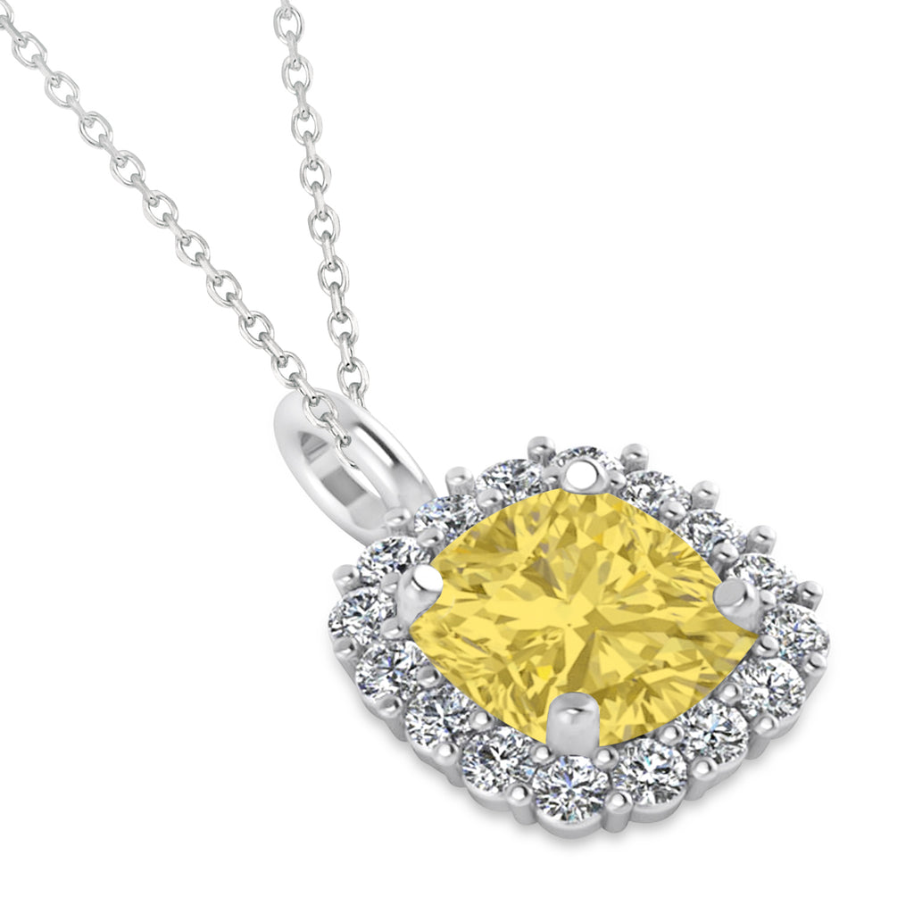 Cushion Cut Yellow & White Diamond Halo Pendant 14k White Gold (0.78ct)