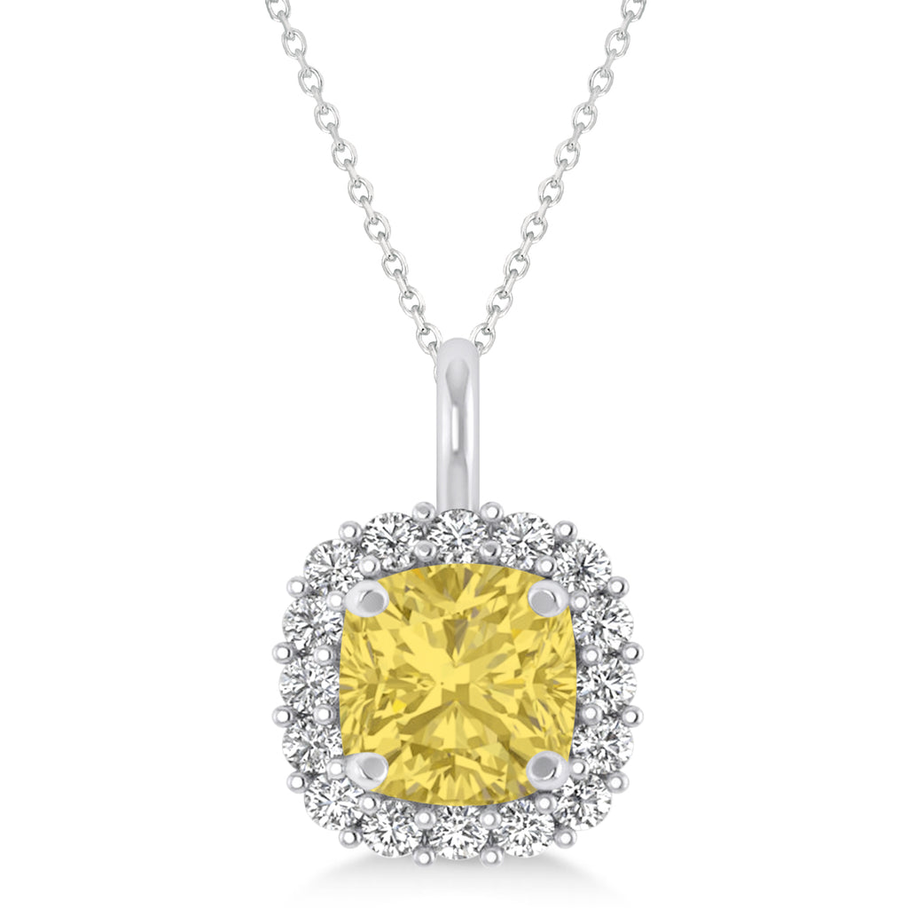 Cushion Cut Yellow & White Diamond Halo Pendant 14k White Gold (0.78ct)