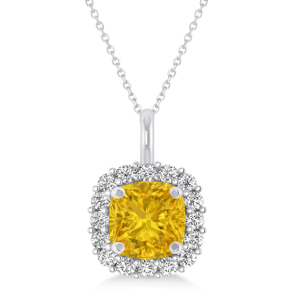 Cushion Cut Yellow Sapphire & Diamond Halo Pendant 14k White Gold (0.92ct)
