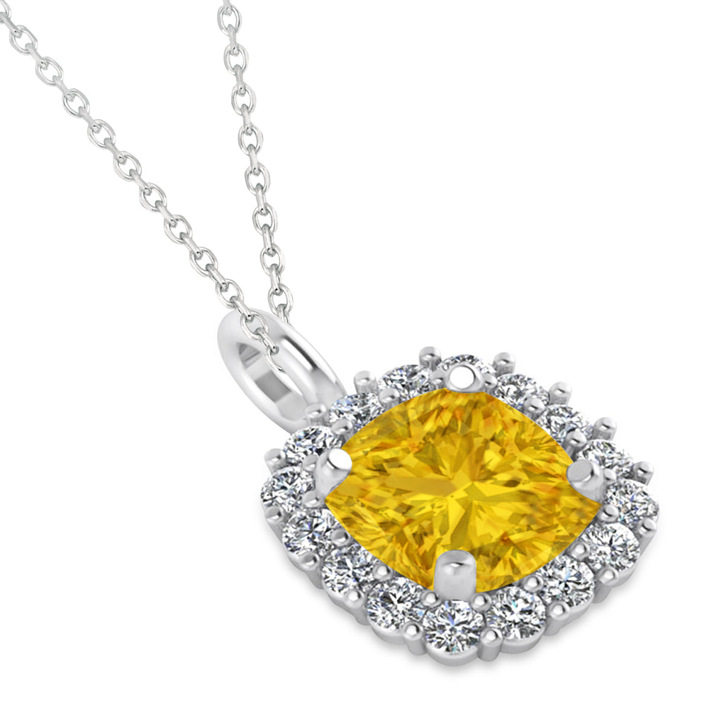 Cushion Cut Yellow Sapphire & Diamond Halo Pendant 14k White Gold (0.92ct)