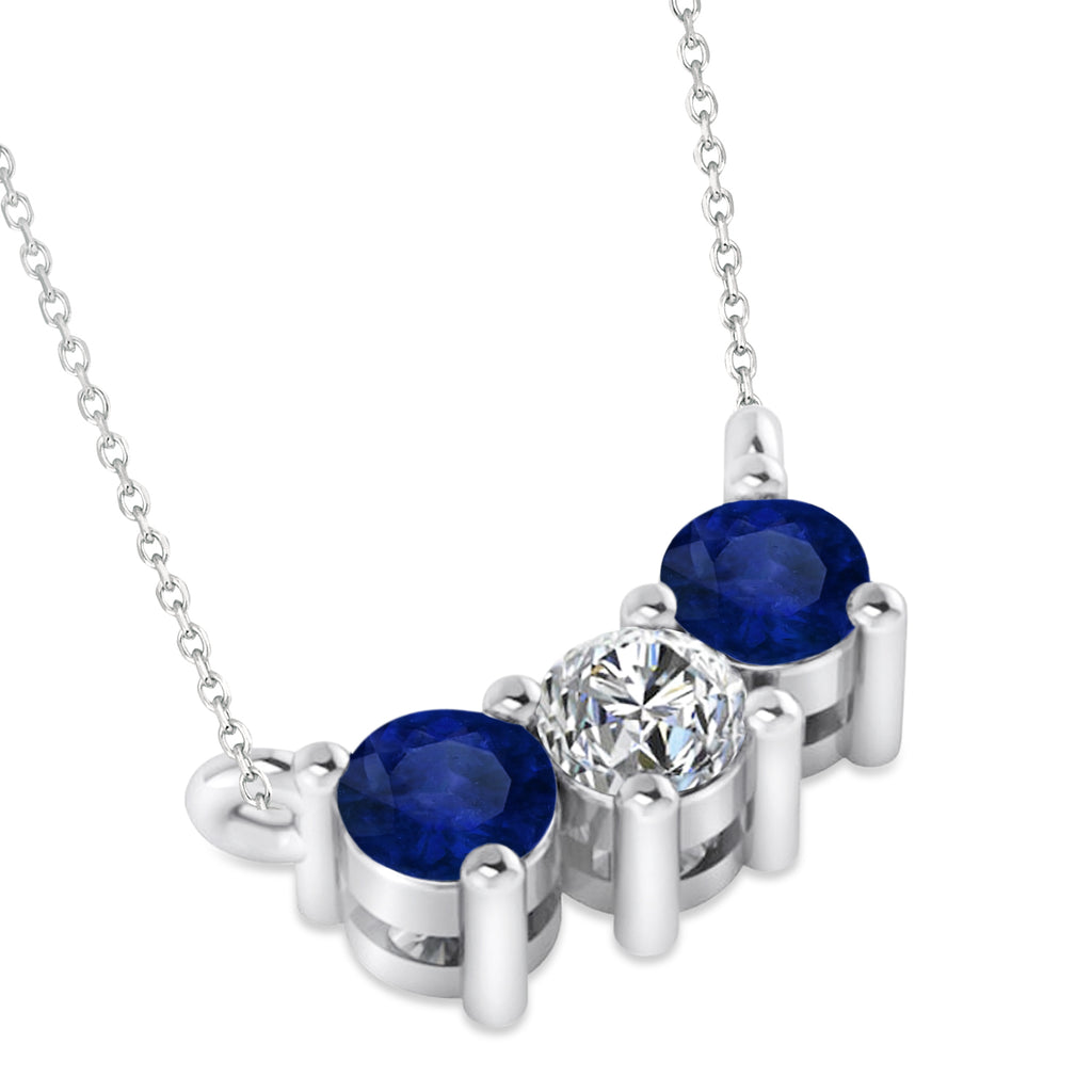 Three Stone Diamond & Blue Sapphire Pendant Necklace 14k White Gold (0.45ct)