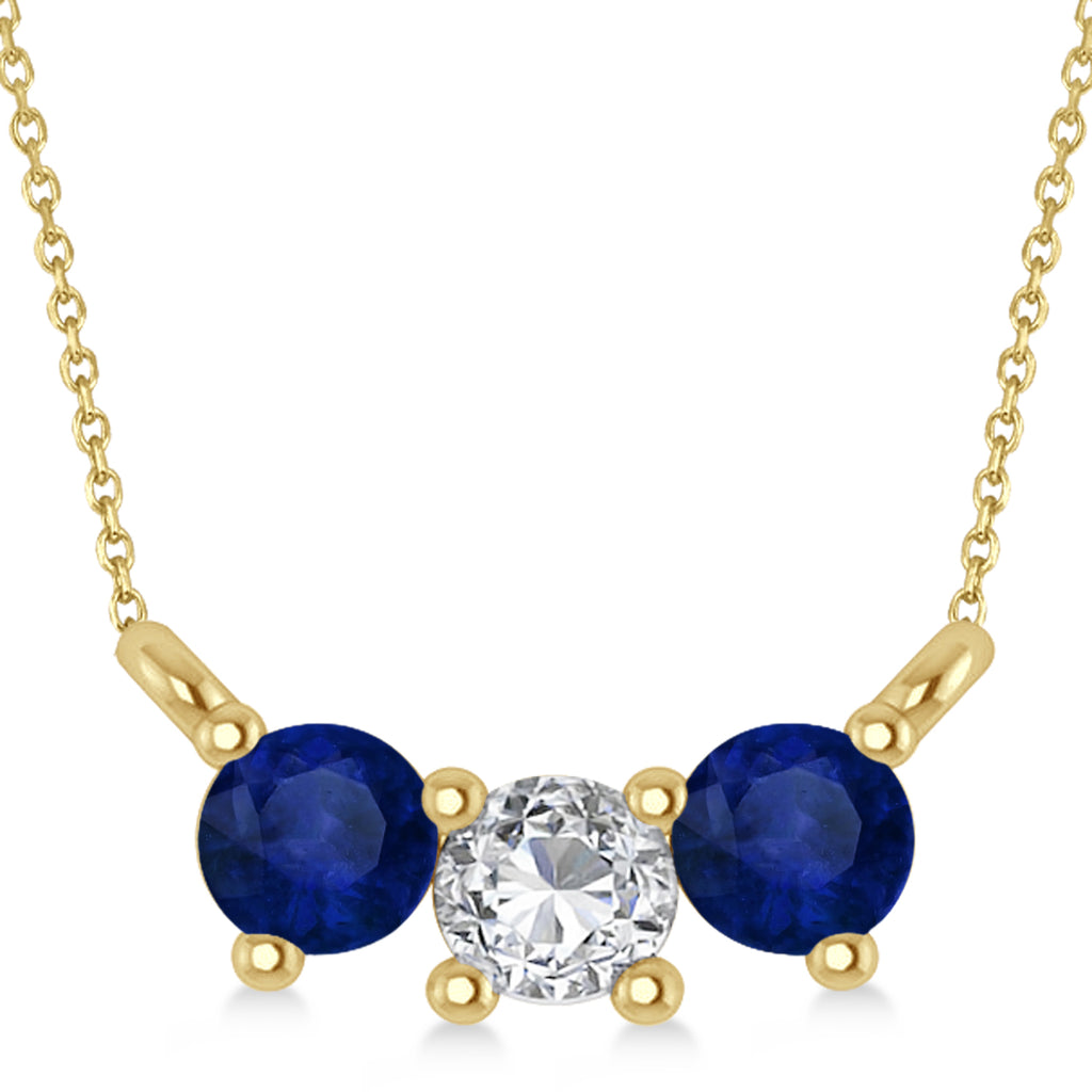 Three Stone Diamond & Blue Sapphire Pendant Necklace 14k Yellow Gold (0.45ct)