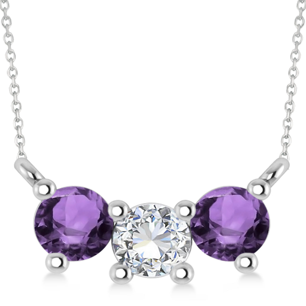 Three Stone Diamond & Amethyst Pendant Necklace 14k White Gold (1.00ct)