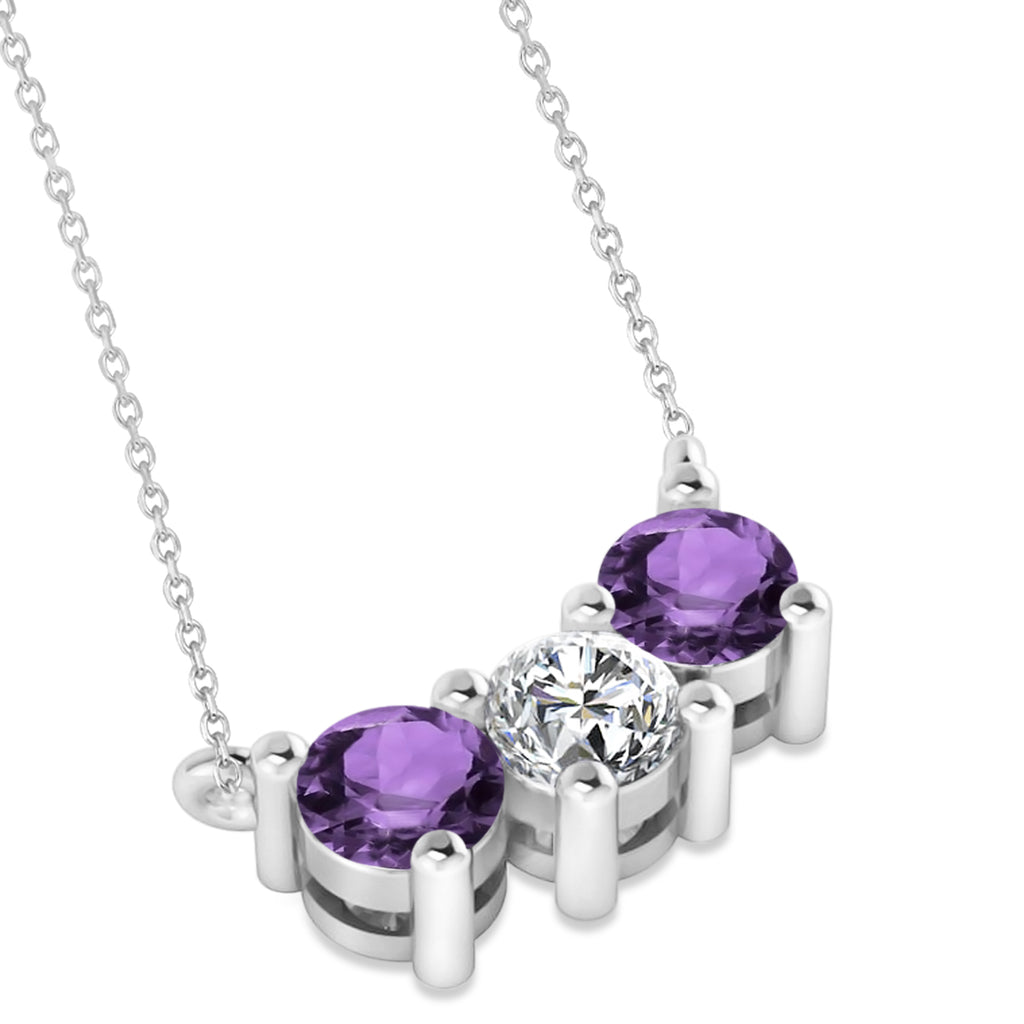 Three Stone Diamond & Amethyst Pendant Necklace 14k White Gold (1.00ct)