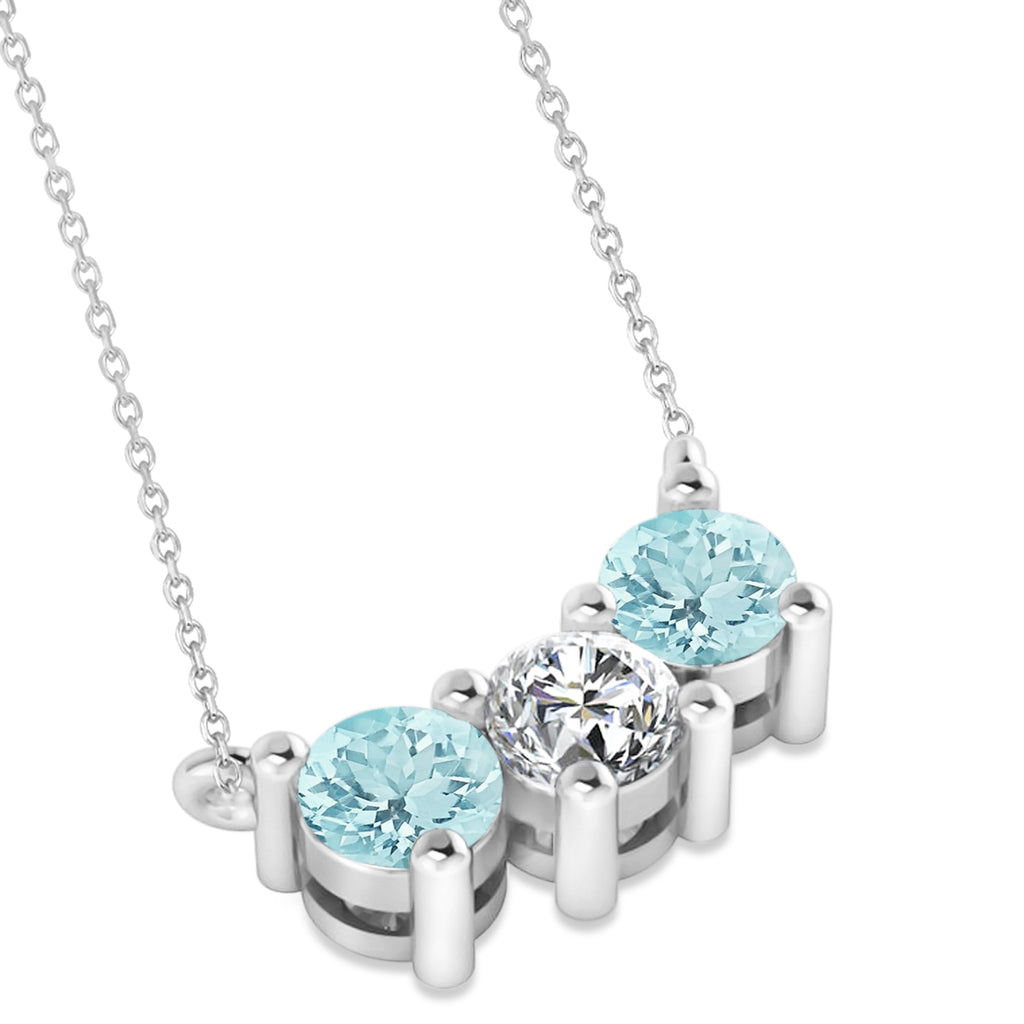 Three Stone Diamond & Aquamarine Pendant Necklace 14k White Gold (1.00ct)