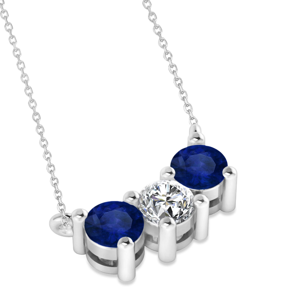 Three Stone Diamond & Blue Sapphire Pendant Necklace 14k White Gold (1.00ct)