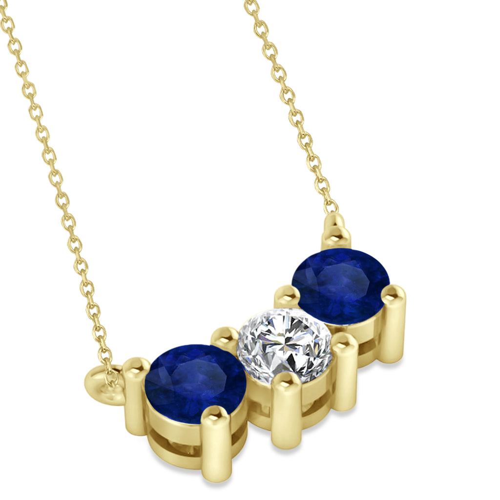 Three Stone Diamond & Blue Sapphire Pendant Necklace 14k Yellow Gold (1.00ct)