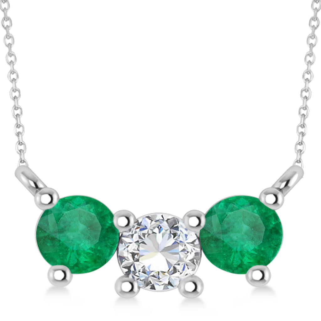 Three Stone Diamond & Emerald Pendant Necklace 14k White Gold (1.00ct)