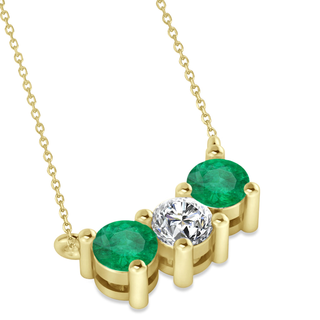 Three Stone Diamond & Emerald Pendant Necklace 14k Yellow Gold (1.00ct)