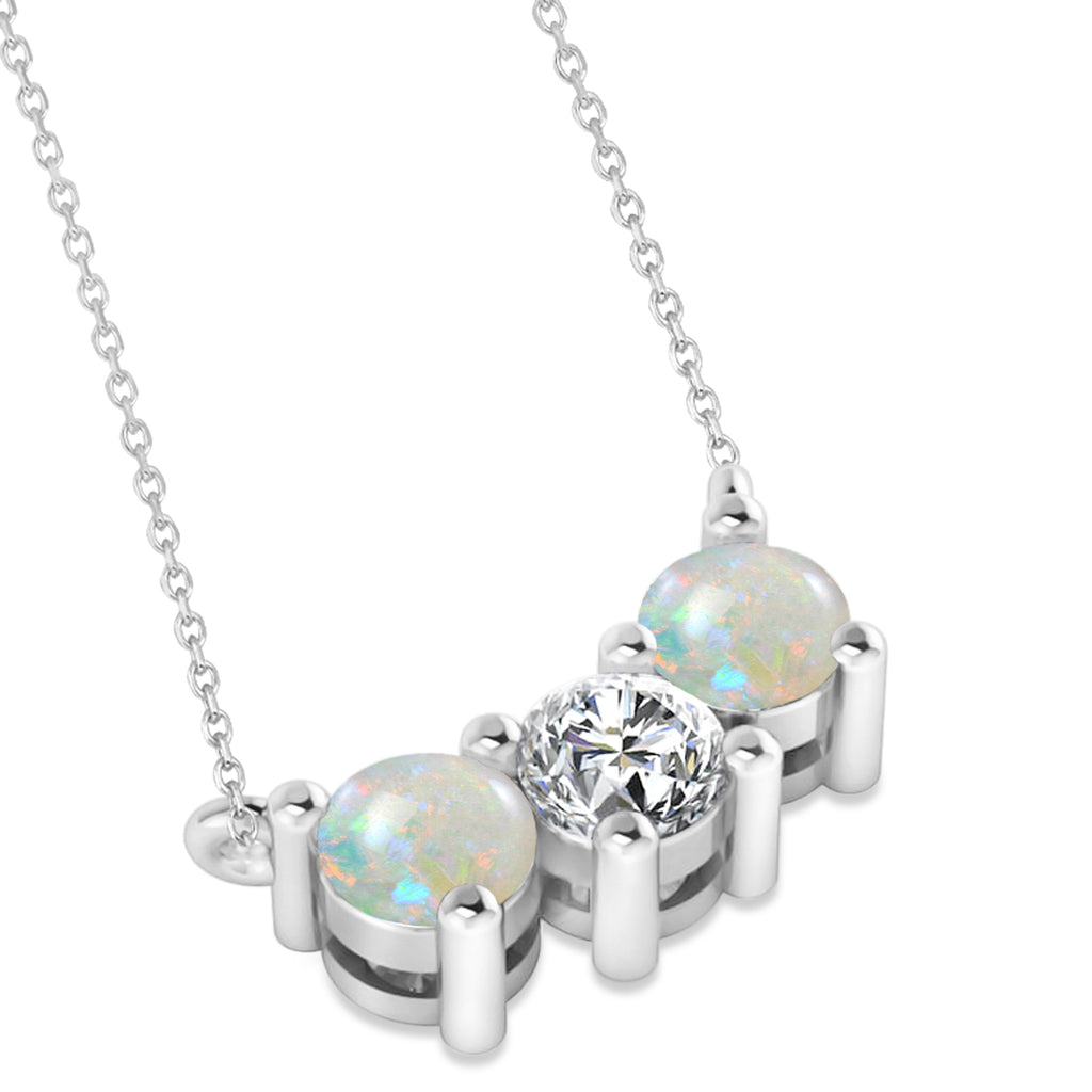 Three Stone Diamond & Opal Pendant Necklace 14k White Gold (1.00ct)