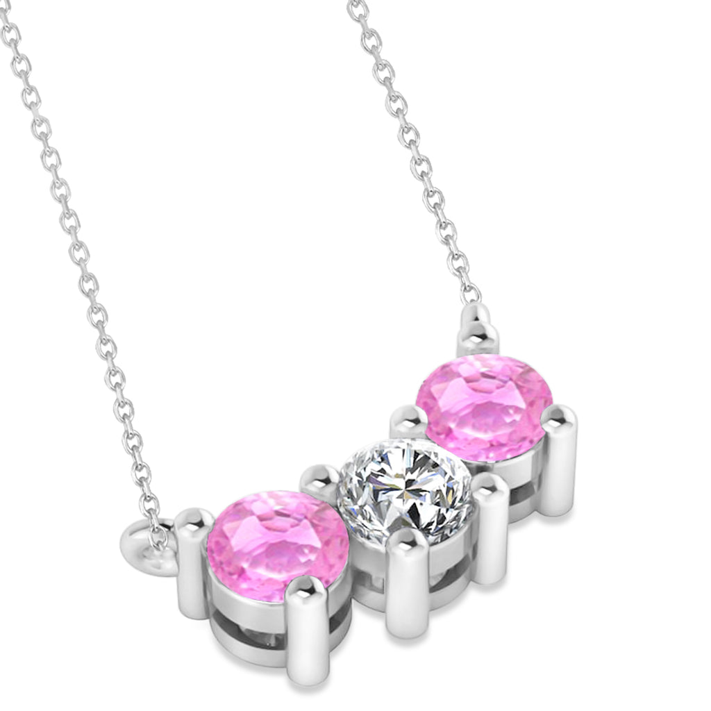Three Stone Diamond & Pink Sapphire Pendant Necklace 14k White Gold (1.00ct)