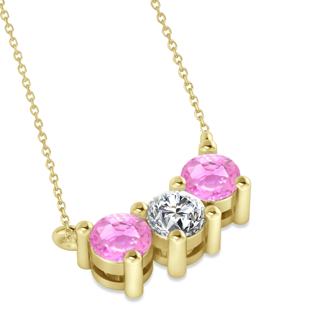 Three Stone Diamond & Pink Sapphire Pendant Necklace 14k Yellow Gold (1.00ct)