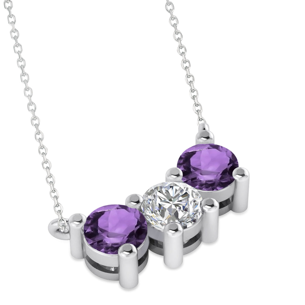 Three Stone Diamond & Amethyst Pendant Necklace 14k White Gold (1.50ct)