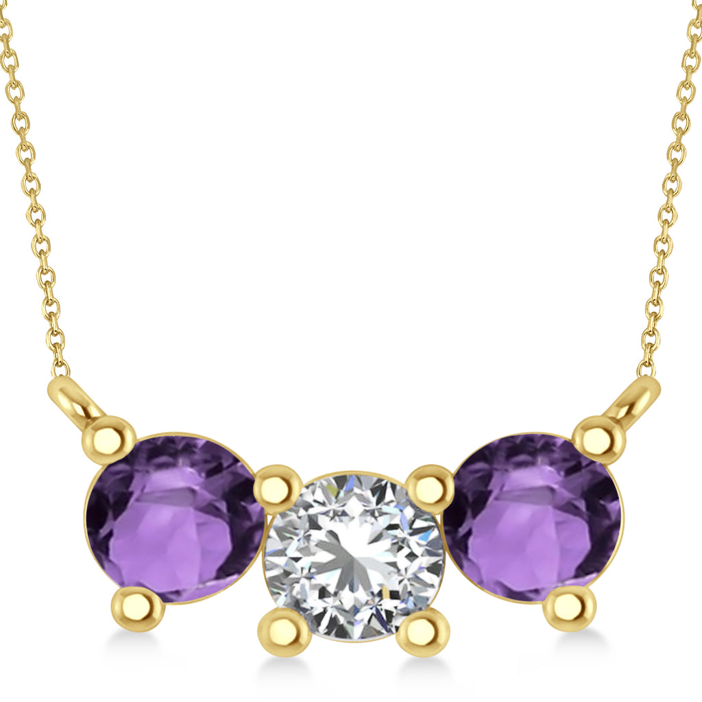 Three Stone Diamond & Amethyst Pendant Necklace 14k Yellow Gold (1.50ct)