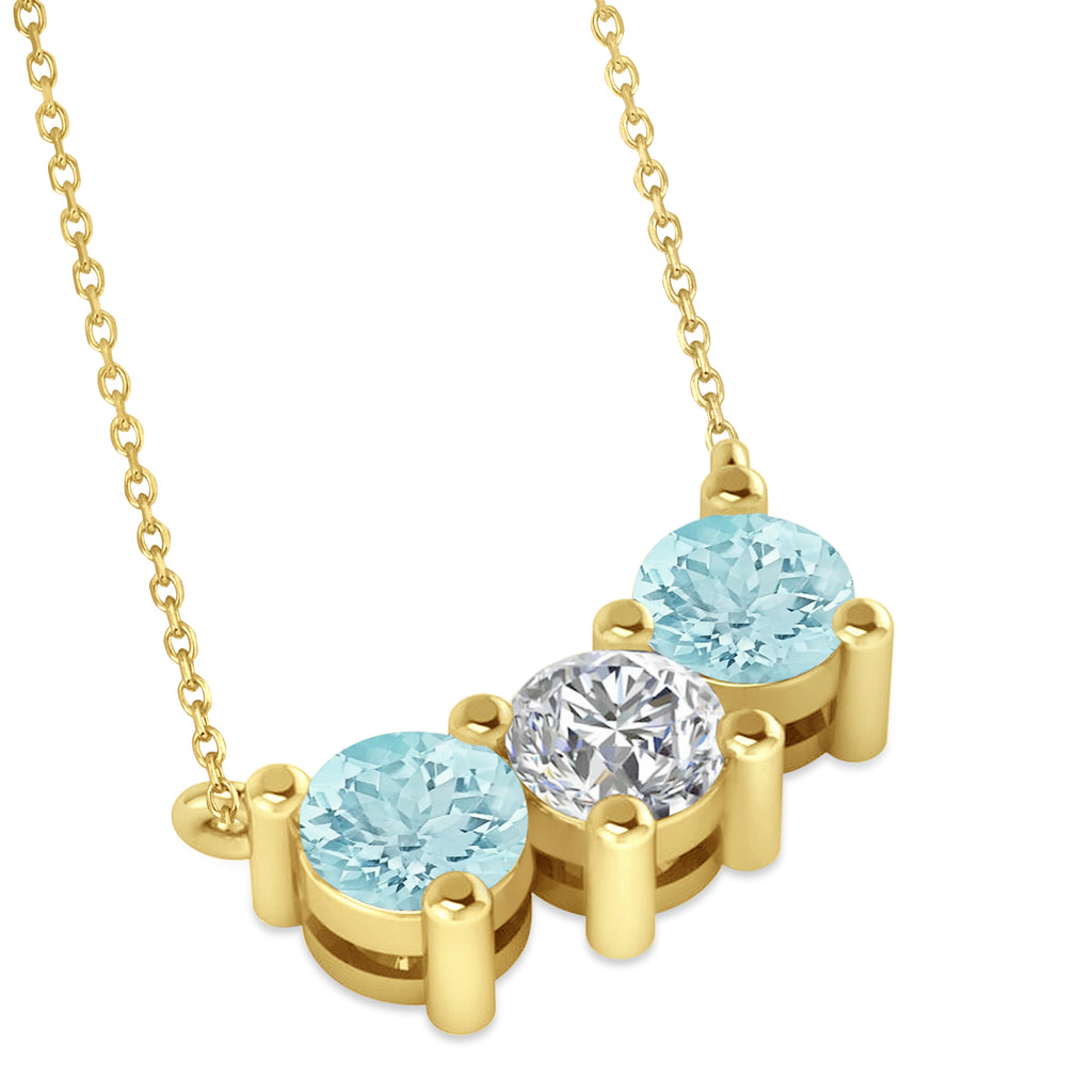 Three Stone Diamond & Aquamarine Pendant Necklace 14k Yellow Gold (1.50ct)