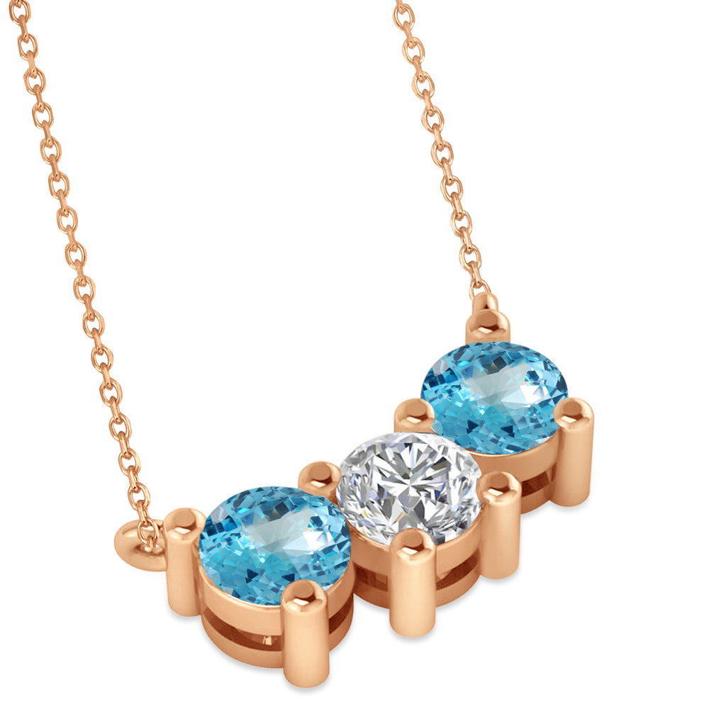 Three Stone Diamond & Blue Topaz Pendant Necklace 14k Rose Gold (1.50ct)