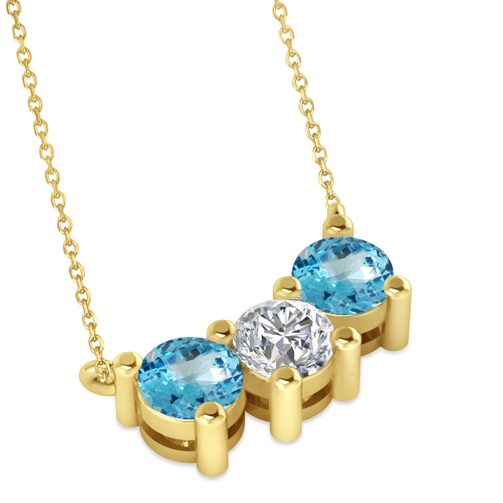 Three Stone Diamond & Blue Topaz Pendant Necklace 14k Yellow Gold (1.50ct)