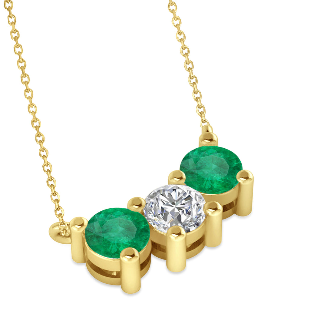 Three Stone Diamond & Emerald Pendant Necklace 14k Yellow Gold (1.50ct)
