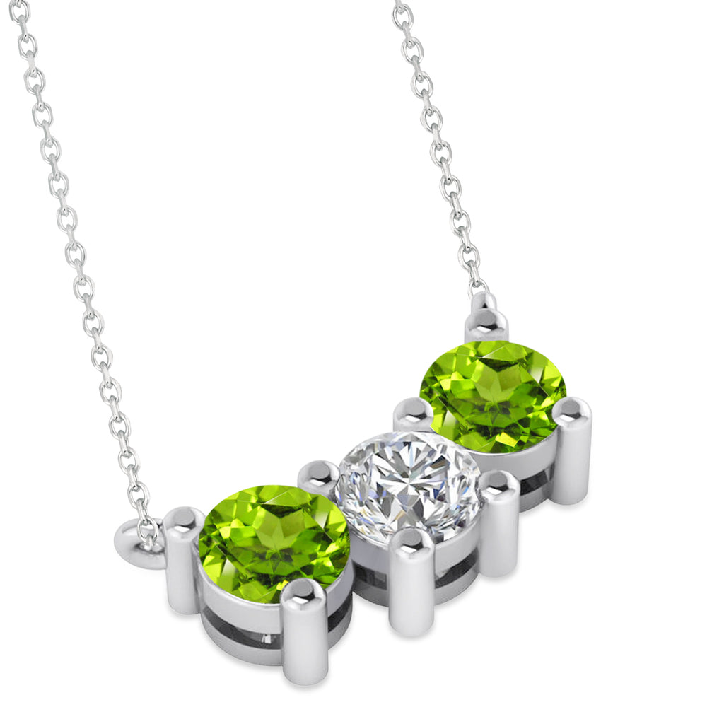 Three Stone Diamond & Peridot Pendant Necklace 14k White Gold (1.50ct)