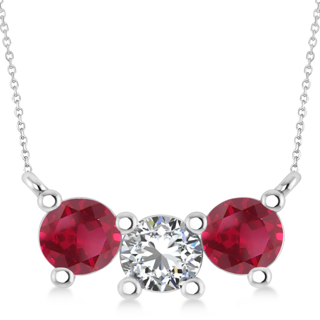 Three Stone Diamond & Ruby Pendant Necklace 14k White Gold (1.50ct)