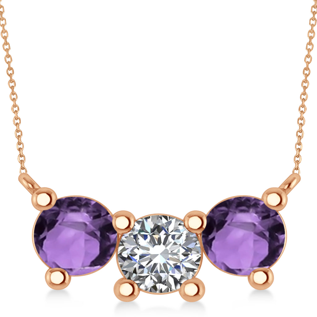 Three Stone Diamond & Amethyst Pendant Necklace 14k Rose Gold (3.00ct)