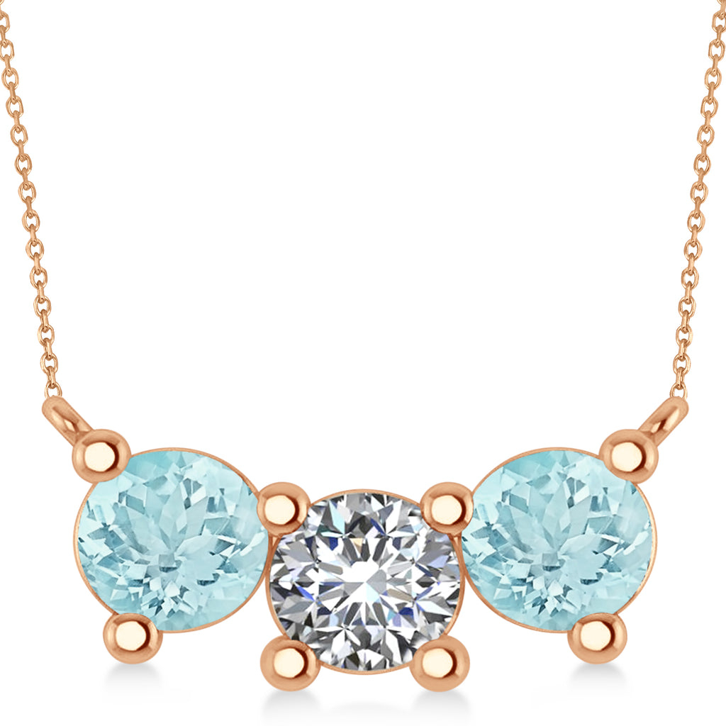 Three Stone Diamond & Aquamarine Pendant Necklace 14k Rose Gold (3.00ct)