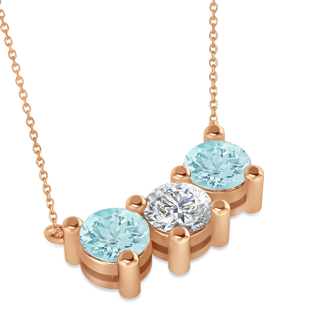 Three Stone Diamond & Aquamarine Pendant Necklace 14k Rose Gold (3.00ct)