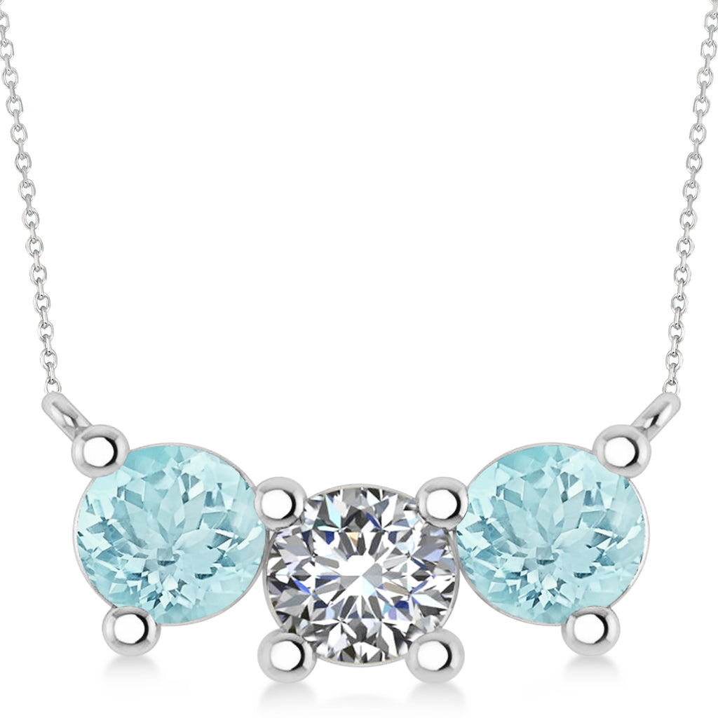 Three Stone Diamond & Aquamarine Pendant Necklace 14k White Gold (3.00ct)
