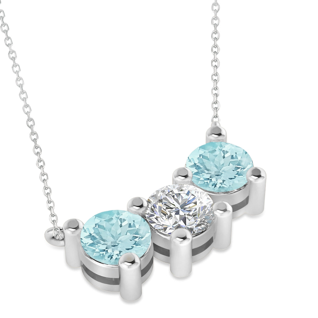 Three Stone Diamond & Aquamarine Pendant Necklace 14k White Gold (3.00ct)