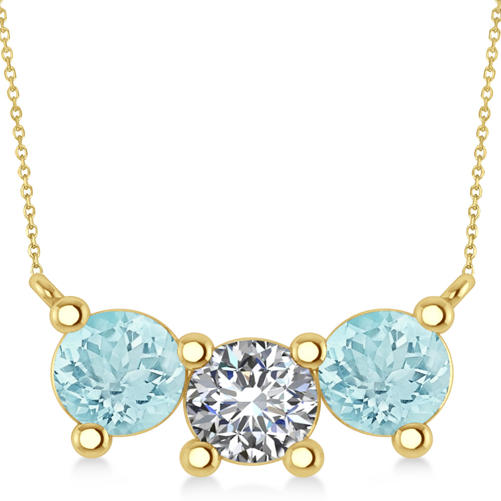 Three Stone Diamond & Aquamarine Pendant Necklace 14k Yellow Gold (3.00ct)
