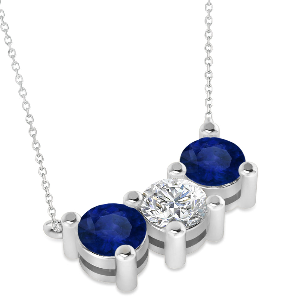 Three Stone Diamond & Blue Sapphire Pendant Necklace 14k White Gold (3.00ct)