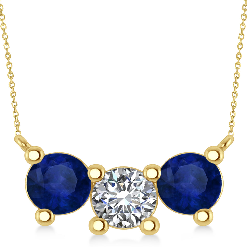 Three Stone Diamond & Blue Sapphire Pendant Necklace 14k Yellow Gold (3.00ct)