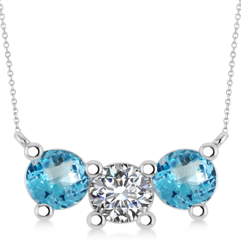 Three Stone Diamond & Blue Topaz Pendant Necklace 14k White Gold (3.00ct)