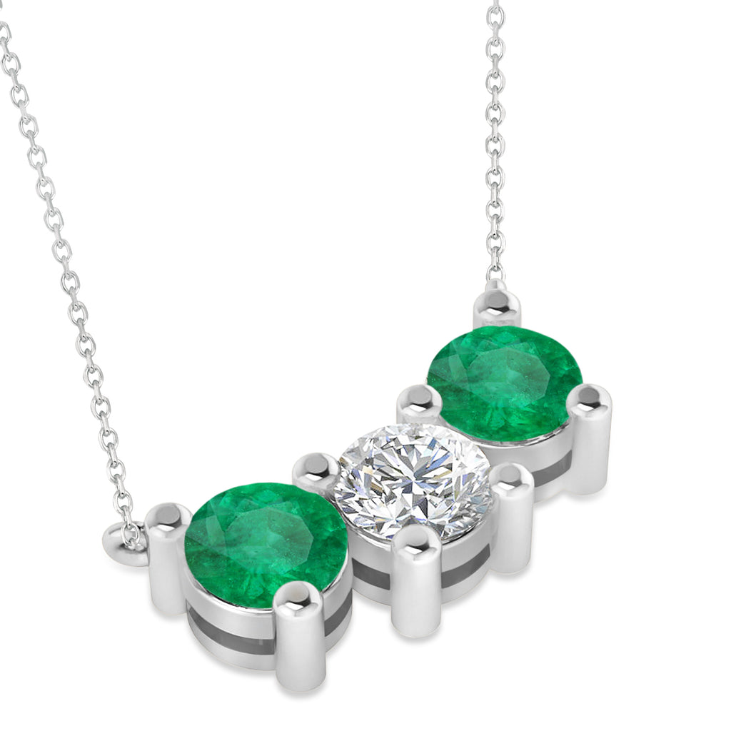 Three Stone Diamond & Emerald Pendant Necklace 14k White Gold (3.00ct)