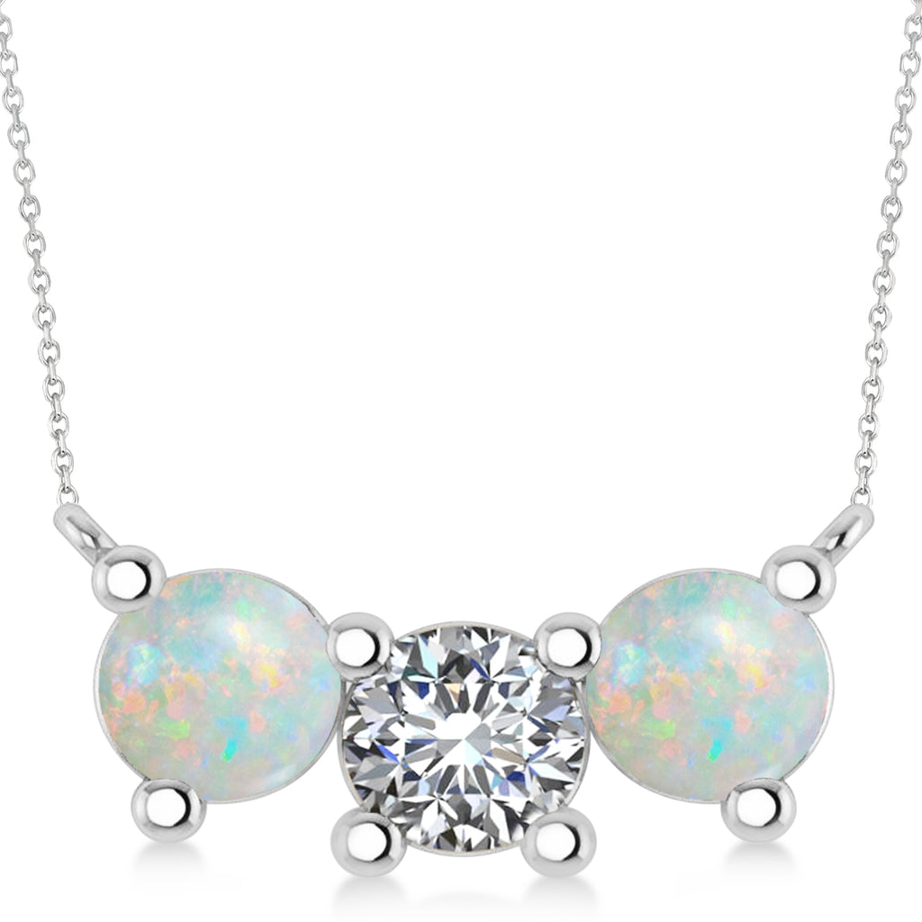 Three Stone Diamond & Opal Pendant Necklace 14k White Gold (3.00ct)