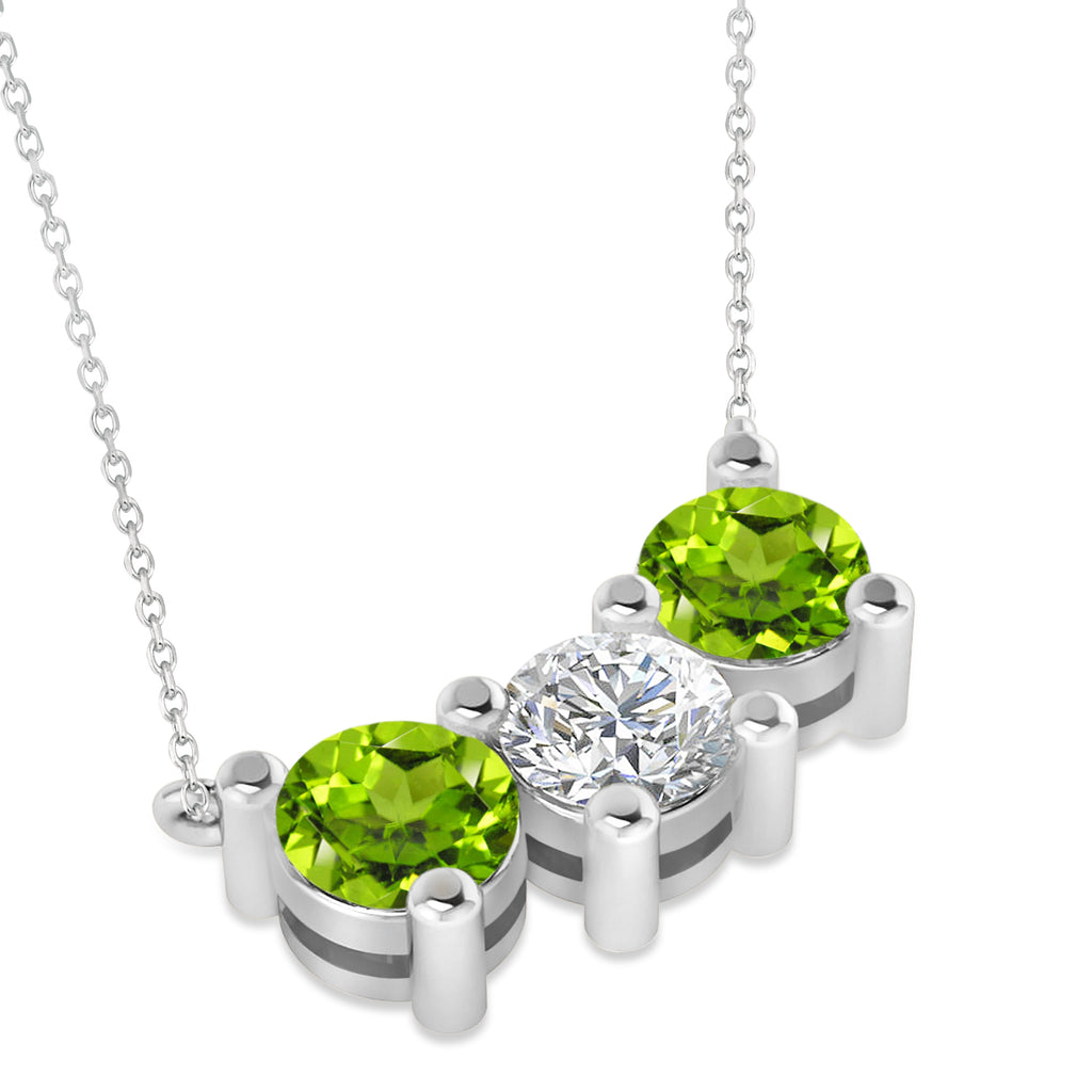 Three Stone Diamond & Peridot Pendant Necklace 14k White Gold (3.00ct)