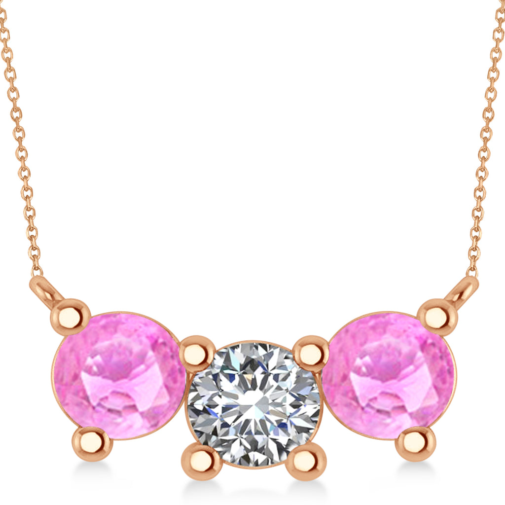 Three Stone Diamond & Pink Sapphire Pendant Necklace 14k Rose Gold (3.00ct)