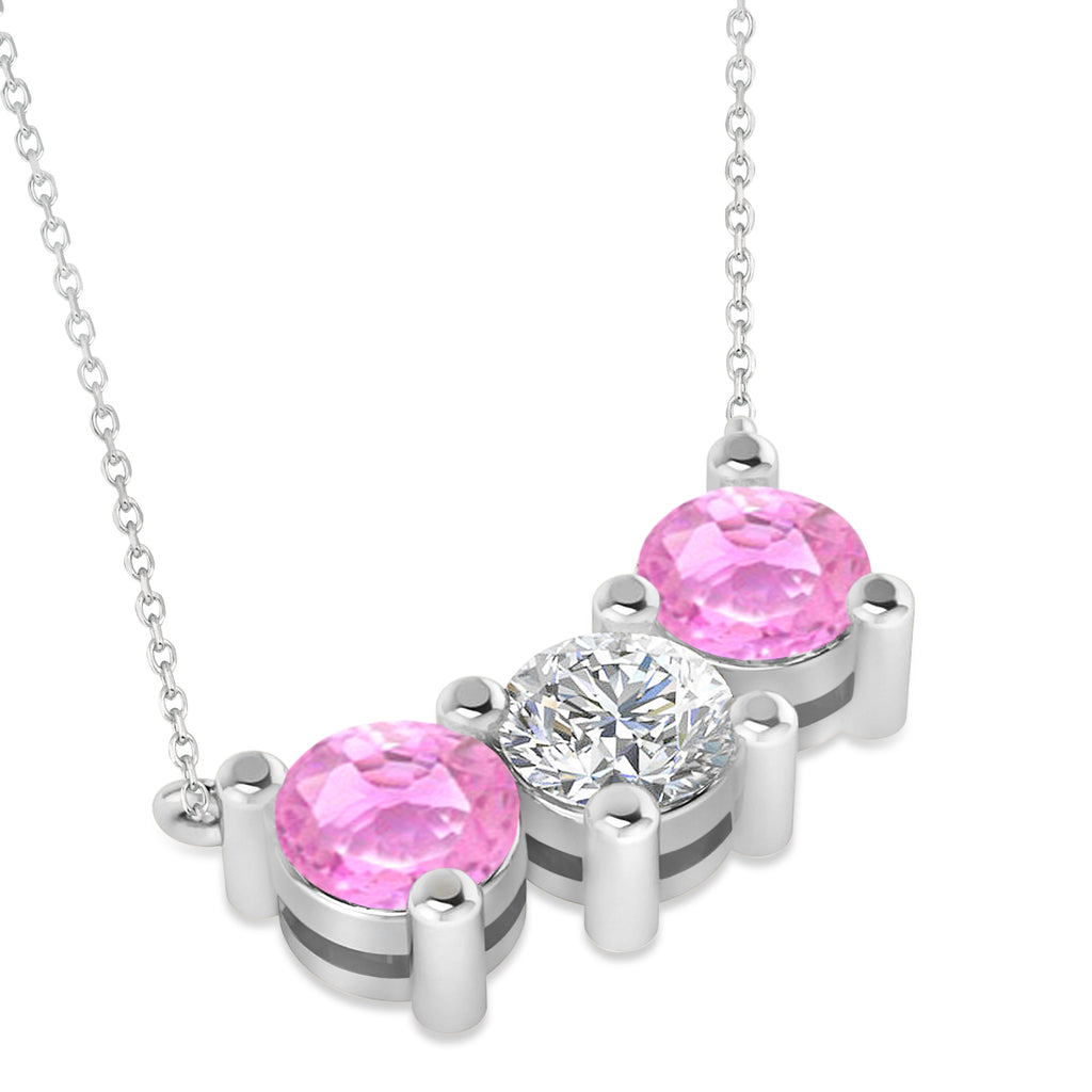 Three Stone Diamond & Pink Sapphire Pendant Necklace 14k White Gold (3.00ct)