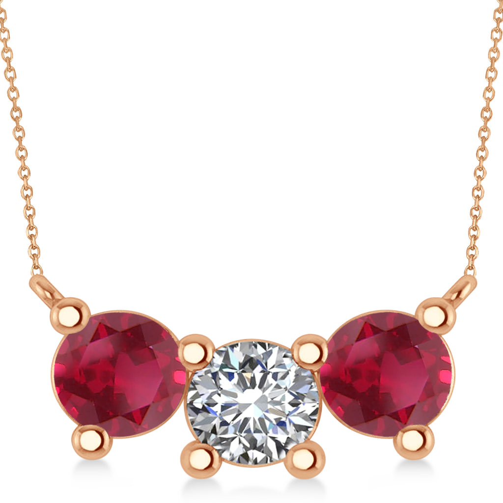 Three Stone Diamond & Ruby Pendant Necklace 14k Rose Gold (3.00ct)